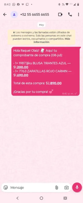 Comprobante de compra enviado automáticamente por WhatsApp con el detalle de productos y el total