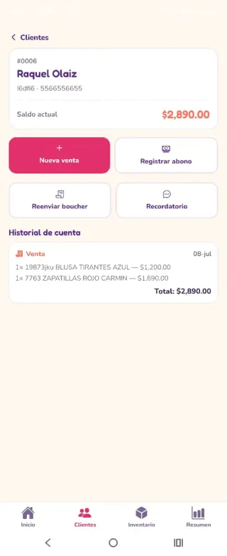 Detalle de cliente con saldo actual y botones de nueva venta, registrar abono y recordatorio