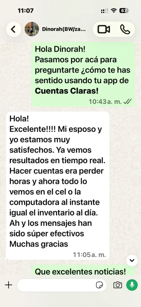 Reseña de Dinorah: Excelente, mi esposo y yo estamos muy satisfechos, ya vemos resultados en tiempo real, hacer cuentas era perder horas y ahora todo lo vemos al instante, igual el inventario al día, los mensajes han sido súper efectivos