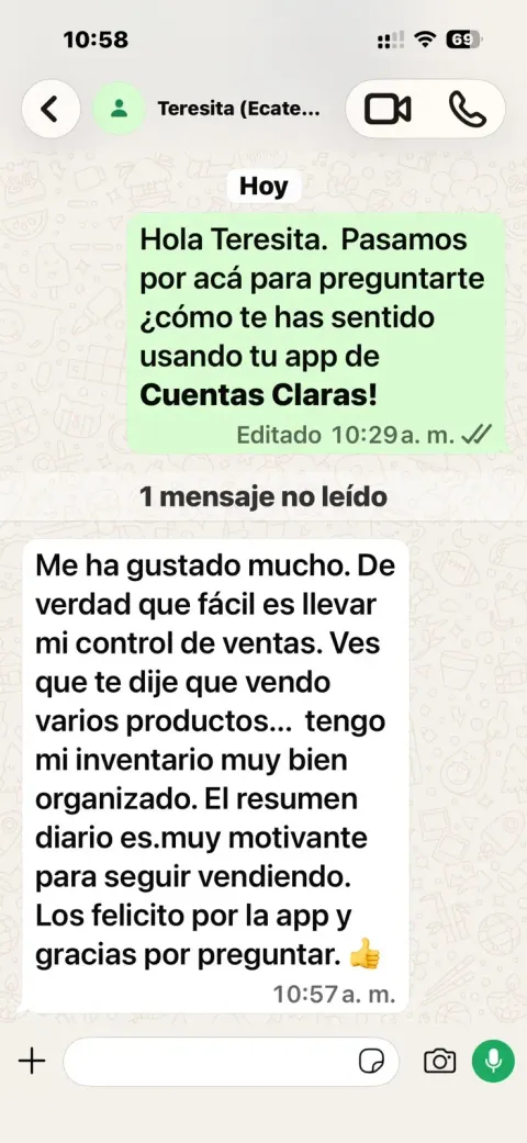 Reseña de Teresita: Me ha gustado mucho, de verdad que fácil es llevar mi control de ventas, tengo mi inventario muy bien organizado, el resumen diario es muy motivante para seguir vendiendo