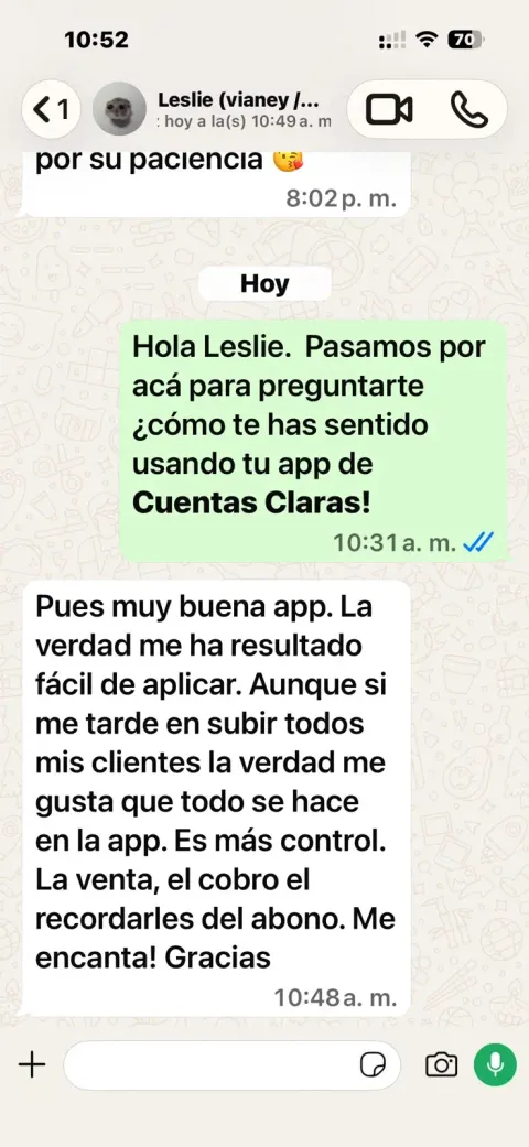 Reseña de Leslie: Muy buena app, me ha resultado fácil de aplicar, me gusta que todo se hace en la app, es más control: la venta, el cobro, el recordarles del abono
